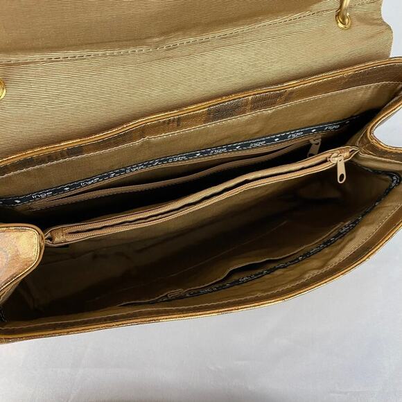 VTG 50s INGE Flap Satchel Bag Gold Chevron Leather Old Money Filigree Flower NWT - Picture 8 of 9